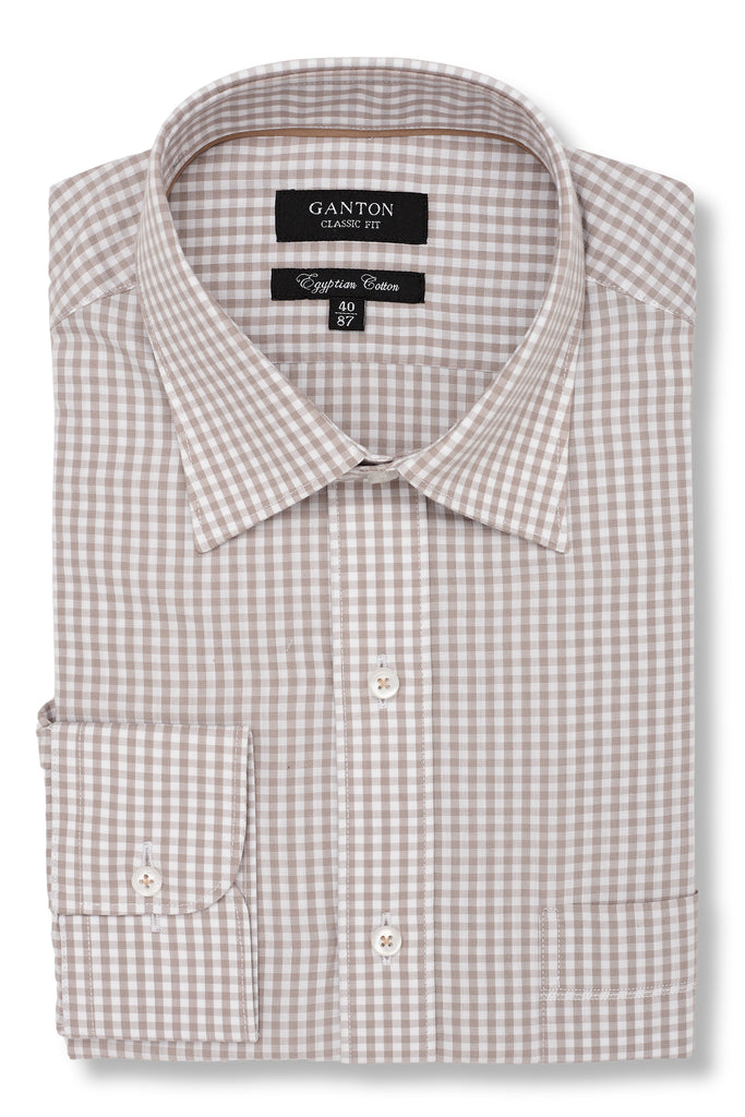 Stamford Shirt in Stone Coloured Check - Egyptian Cotton