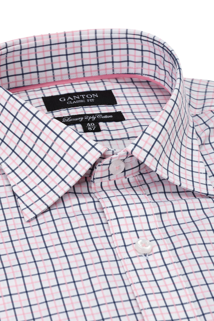 Pink and Navy Check Business Shirt with spread collar